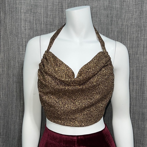 Joyfollie Wine Red Velvet High Rise Pants + Crackled Gold Halter Top Set XS NWT - Picture 11 of 17